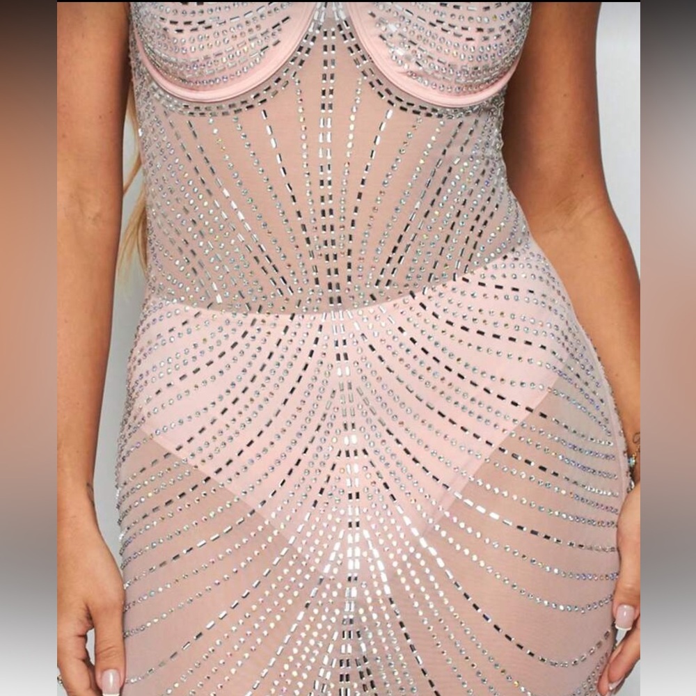 Pink Rhinestone Sheer Dress - Picture 3 of 5